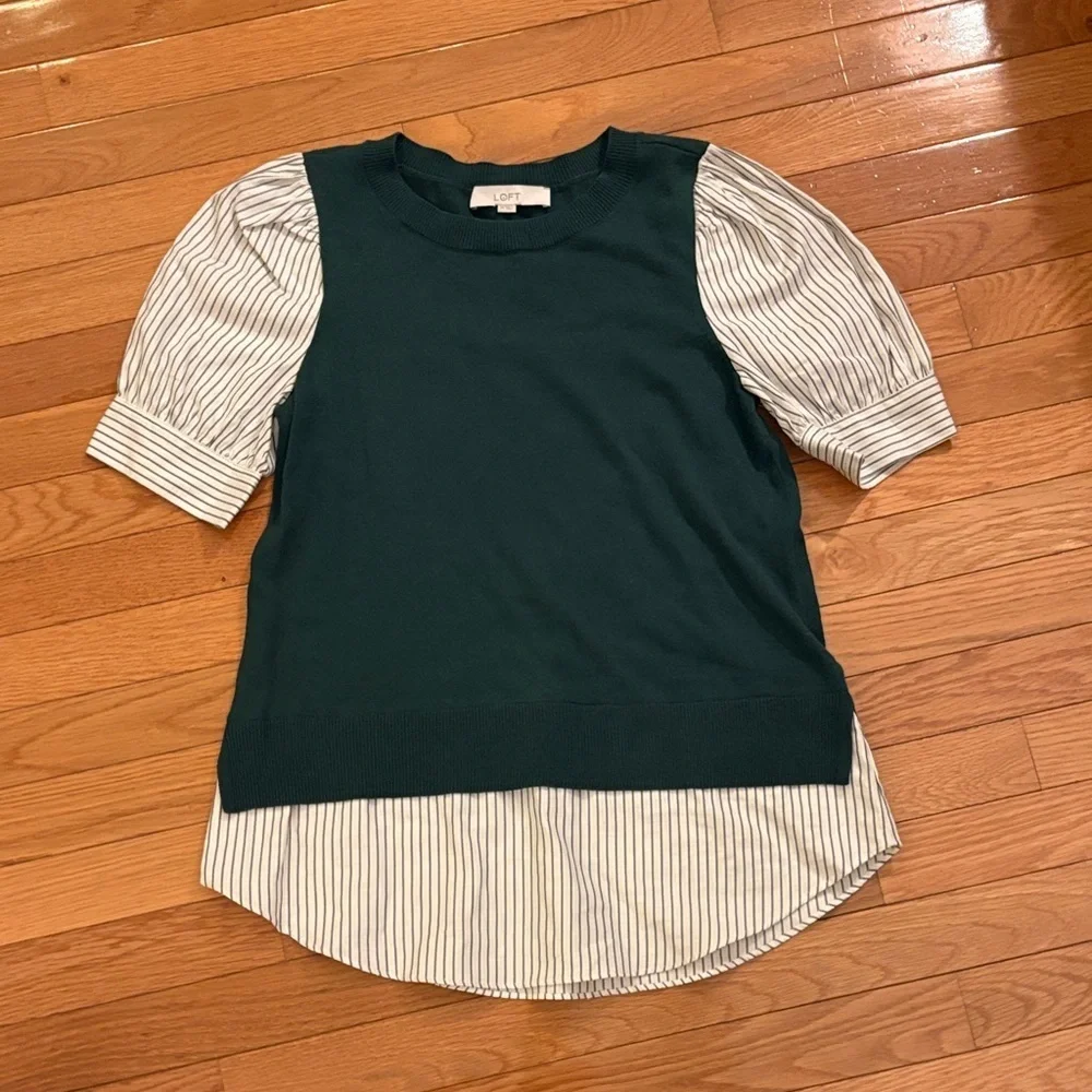 LOFT Forest Green Knit Layered Top with White Pinstripe Sleeves